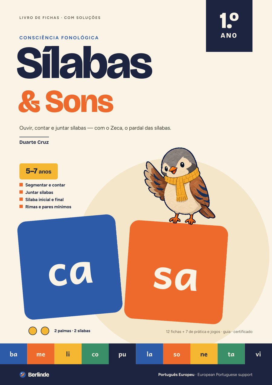 Capa do livro Sílabas & Sons — 1.º ano, com as sílabas ca e sa e o pardal Zeca